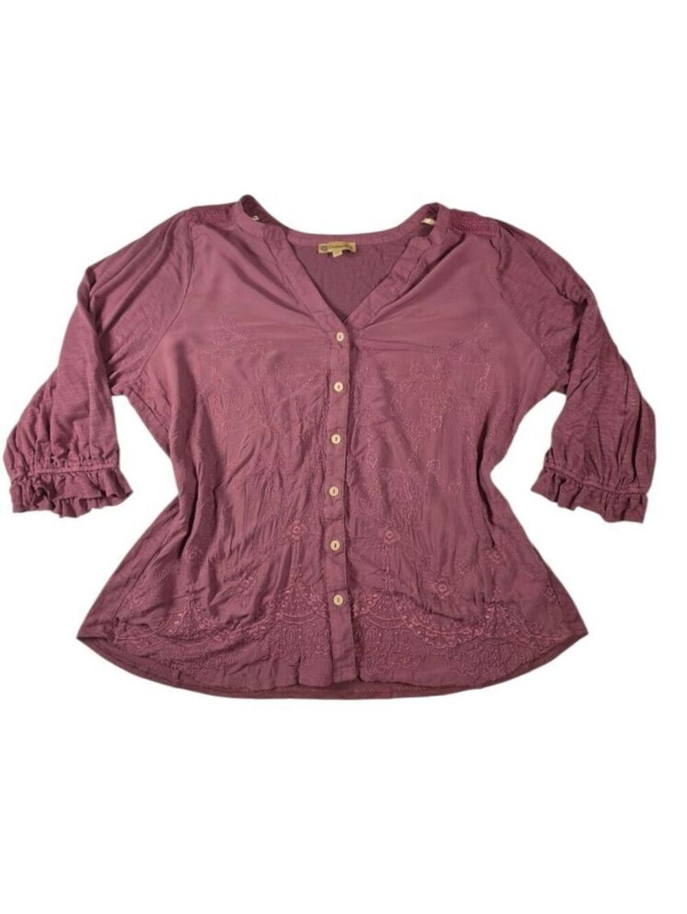 Democracy Embroidered Boho Blouse 1X Mauve Button Front Peasant Top